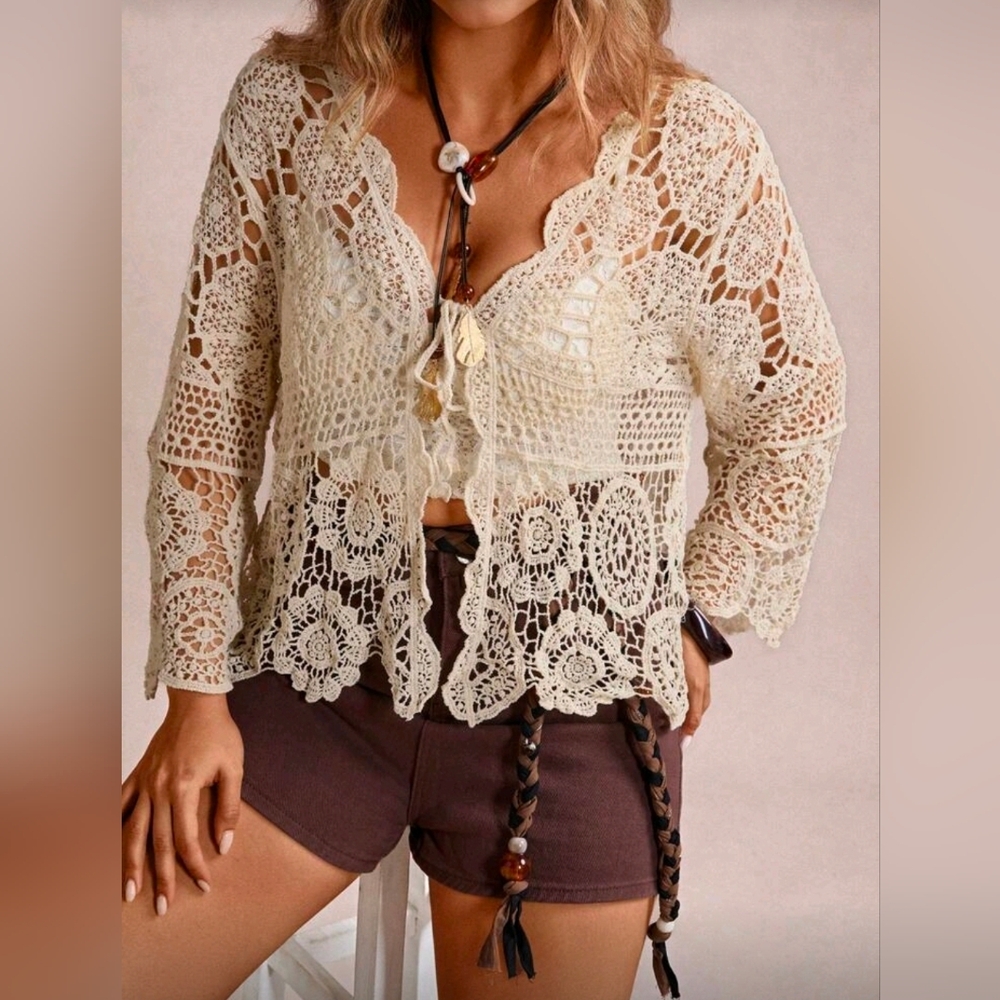 New Boho Crochet Knit Cardigan Top PLUS Sheer Khaki Tan